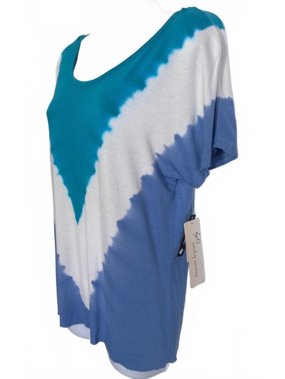 NWT Nanette Lepore Tie Dye Chevron V-Pattern Top Blue Teal White Small